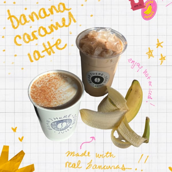 Two banana caramel lattes, one hot and one iced, with a peeled banana on a grid background.
