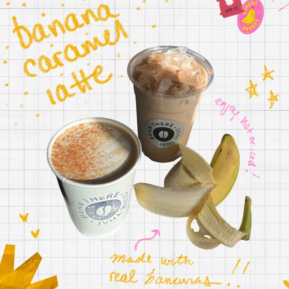 Two banana caramel lattes, one hot and one iced, with a peeled banana on a grid background.